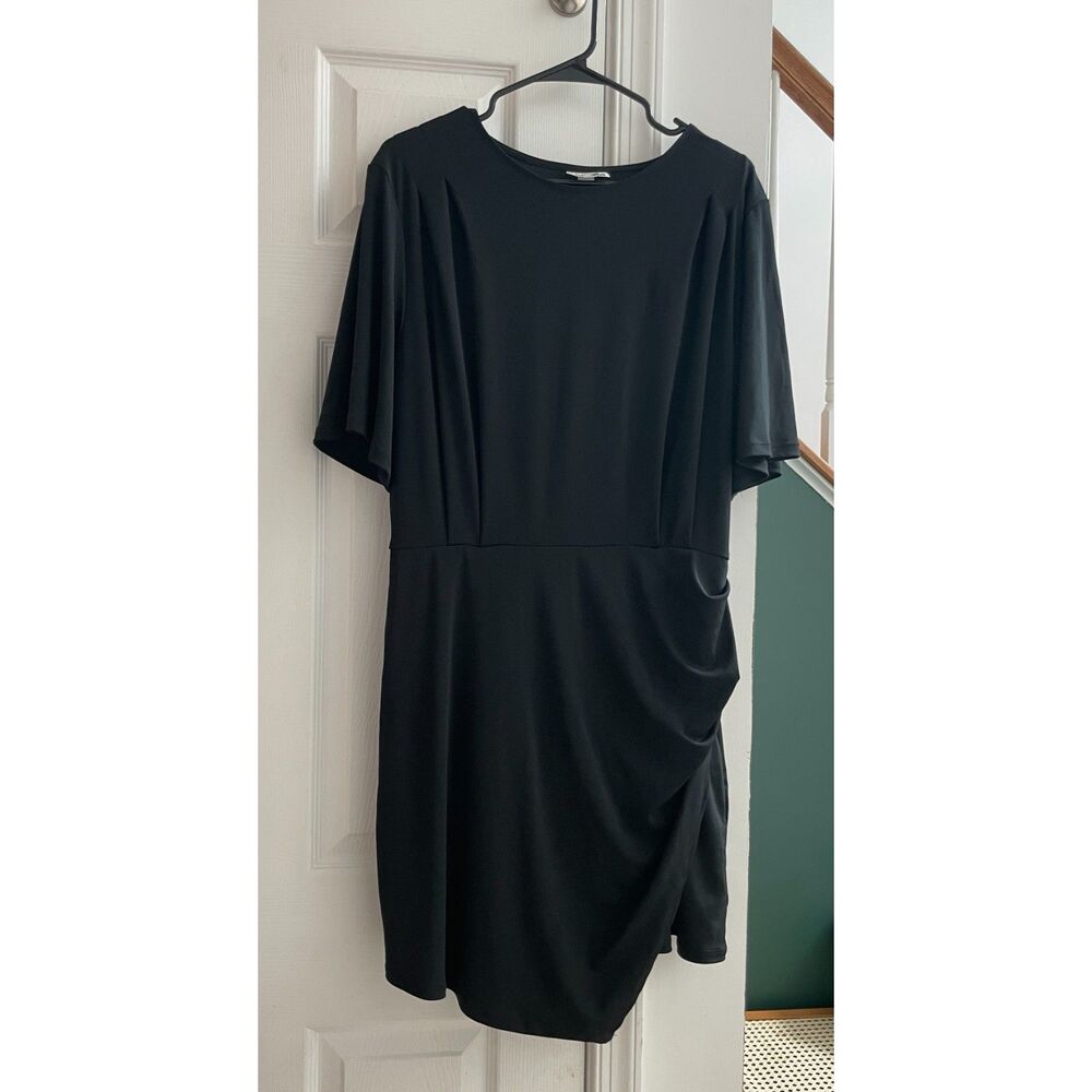 NWT Black Asymmetric Dress Ruched Draped Side Short Sleeve Modern Size L